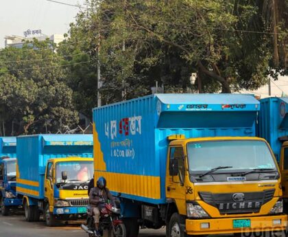 Trucks parked on busy Dhaka road