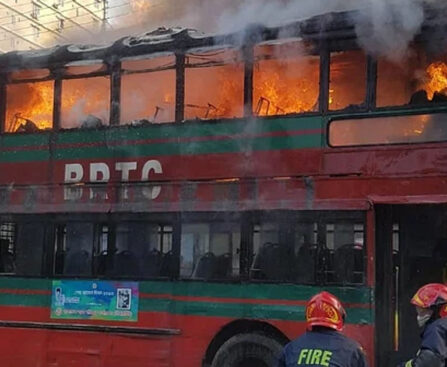 BRTC bus set on fire in Abdullahpur: Miscreants set double decker on fire.  prothom aloe