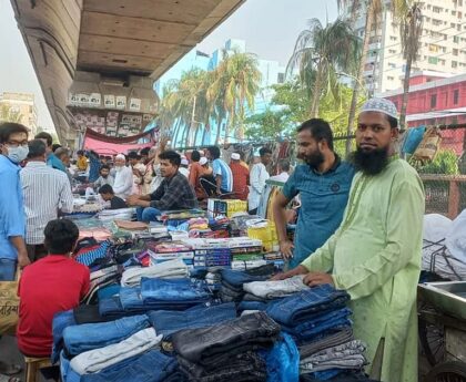 Traders have set up temporary shops on the footpath